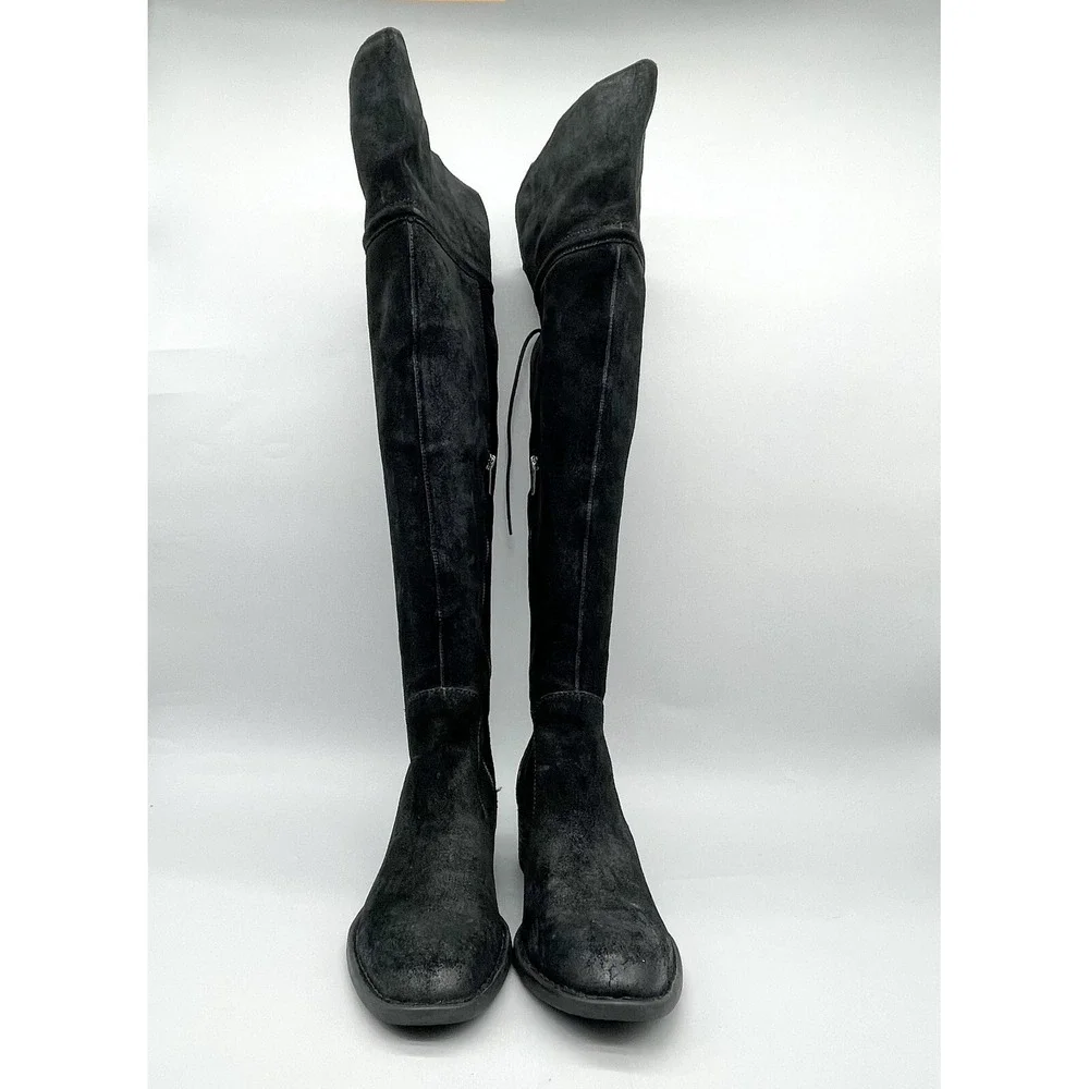 Born Womens 9.5M Gallinara Boot Over The Knee Black Distressed Suede Riding Boho